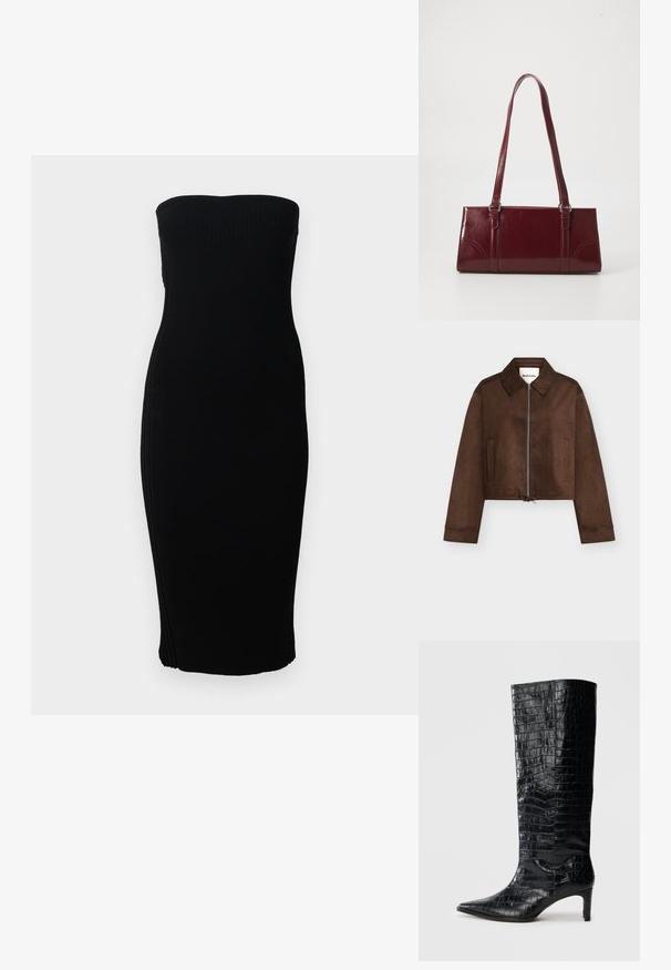 Bruine suède cropped jas met volledige ritssluiting aan de voorkant, kraag, lange mouwen, twee zijzakken en verstelbare treklintzoom.; Zwarte strapless ribbed midi-jurk met een getailleerde silhouet, weergegeven tegen een eenvoudige witte achtergrond.; Zwarte knielaarzen met een glanzende, krokodillenpatroonstructuur, een puntige neus en een taps toelopende hak. Gladde synthetische materiaal.; Bourgondische handtas van glanzend materiaal, rechthoekige vorm, met twee schouderbanden en subtiele gebogen accenten aan de voorkant.