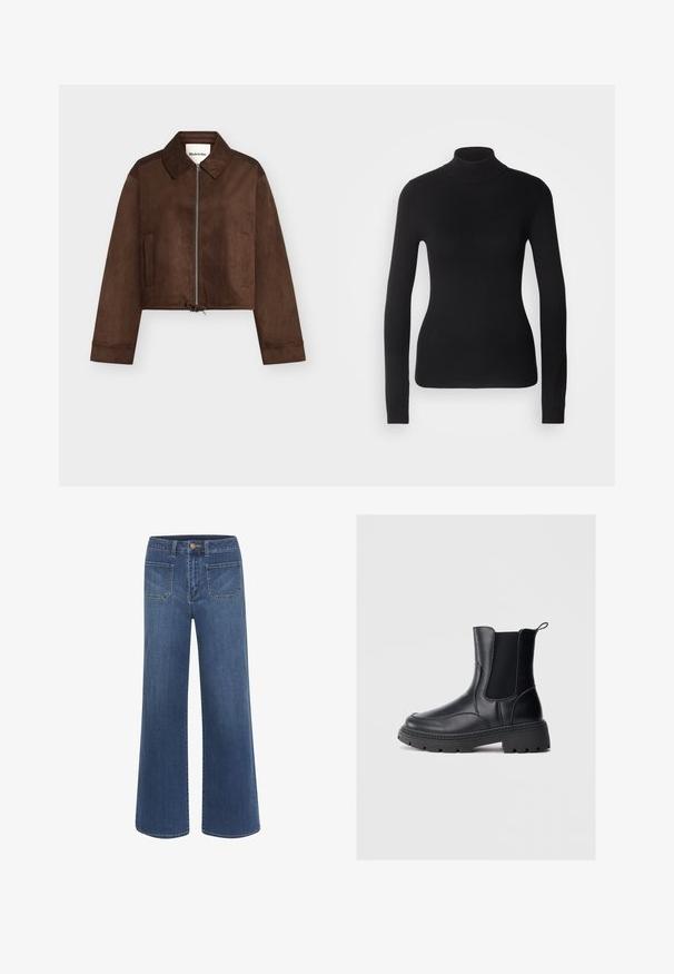 Veste courte en daim marron avec fermeture éclair complète à l'avant, col, manches longues, deux poches latérales et ourlet à cordon de serrage ajustable.; Pull à col roulé noir en maille légère. Il possède des manches longues, une coupe ajustée et une texture côtelée douce.; Jean à jambes larges en denim bleu foncé avec une texture lisse, doté d'une fermeture à boutons, de cinq poches et de coutures contrastantes.; Bottines chelsea noires en cuir lisse, avec des panneaux latéraux élastiques, une semelle épaisse et robuste, et une languette à l'arrière pour un enfilage facile.