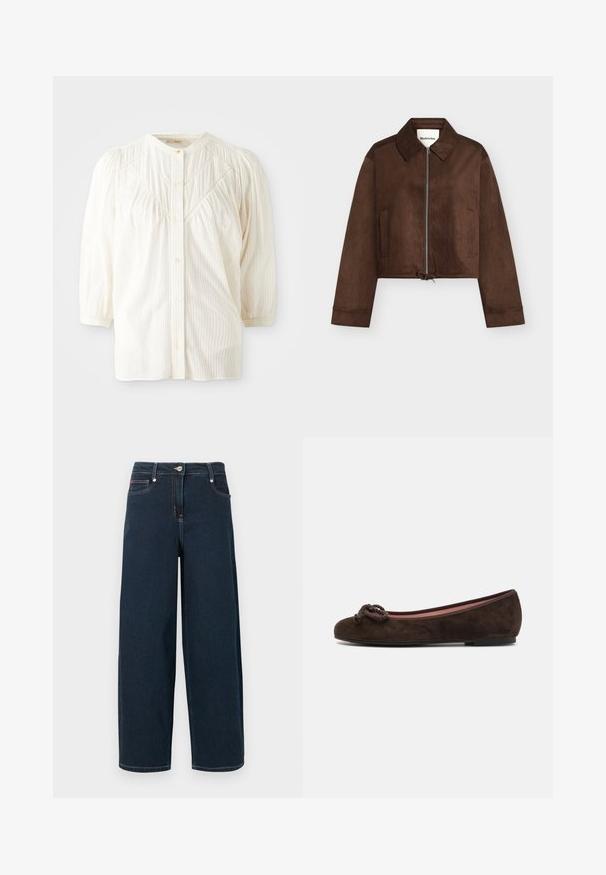 Veste courte en daim marron avec fermeture éclair complète à l'avant, col, manches longues, deux poches latérales et ourlet à cordon de serrage ajustable.; Blouse blanche à boutons avec un col rond, des épaules plissées et des manches longues. Présente de subtils rayures verticales et une coupe décontractée.; Jean en denim bleu foncé à jambes larges avec bouton à l'avant, fermeture éclair et design cinq poches.; Pretty Ballerinas Ballerines - brown