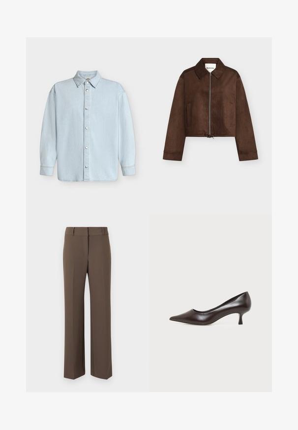 Veste courte en daim marron avec fermeture éclair complète à l'avant, col, manches longues, deux poches latérales et ourlet à cordon de serrage ajustable.; Chemise en denim bleu clair à manches longues avec col et fermeture par boutons-pression argentés sur le devant.; Pantalon brun à jambes droites avec passants pour ceinture, détail de couture avant et taille haute, présenté sur un fond neutre.; Escarpin en cuir marron foncé à bout pointu avec petit talon incurvé sur fond blanc.