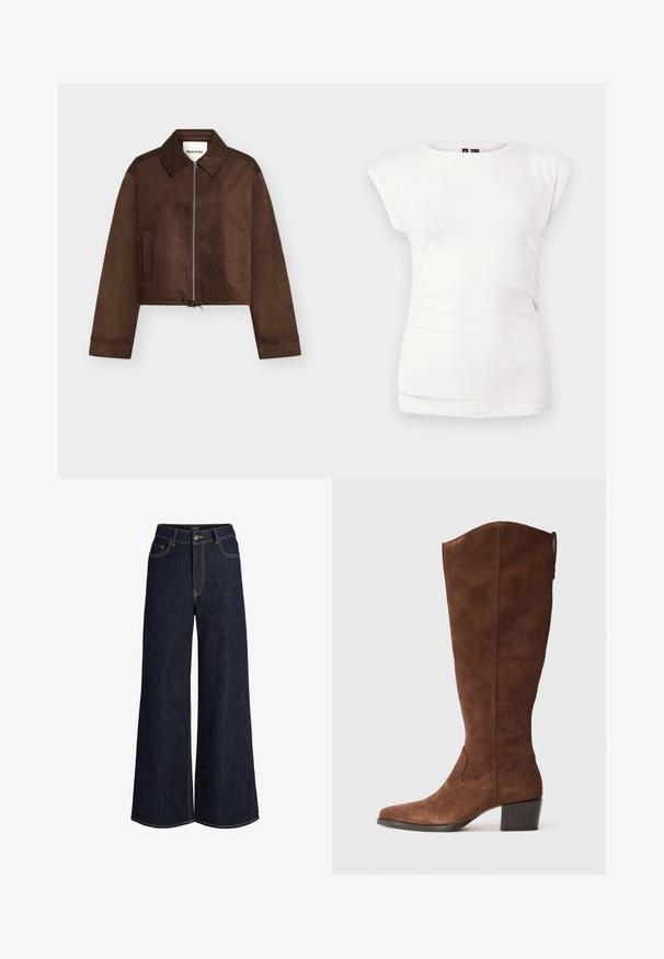 Veste courte en daim marron avec fermeture éclair complète à l'avant, col, manches longues, deux poches latérales et ourlet à cordon de serrage ajustable.; T-shirt blanc ajusté à manches courtes avec col rond sur fond uni, avec un léger détail froncé sur le côté.; Jean en denim bleu foncé à jambes larges avec bouton et fermeture éclair devant, poches avant et poche monnaie, avec des coutures contrastées visibles.; Bottes en suède brun jusqu'aux genoux avec un bout pointu et un talon empilé. Présente une finition lisse et des détails de couture minimalistes.