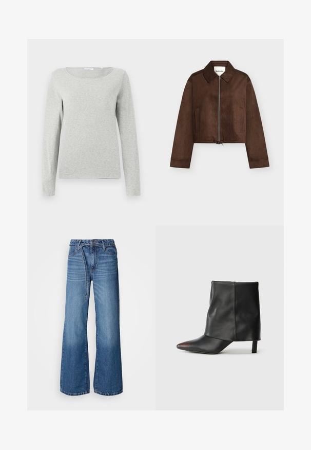 Chaqueta corta de ante marrón con cremallera completa en el frente, cuello, mangas largas, dos bolsillos laterales y bajo ajustable con cordón.; Camisa de manga larga gris claro hecha de una tela suave, con un escote redondo y un corte relajado, con una textura suave y sin patrones visibles.; Jeans de mezclilla de pierna ancha en un tono azul claro. Presentan una cintura alta, costuras visibles y un cinturón de lazo. Textura desgastada hacia la parte inferior.; Botín negro de piel lisa con punta afilada y tacón cónico. La parte superior presenta un diseño ligeramente fruncido.