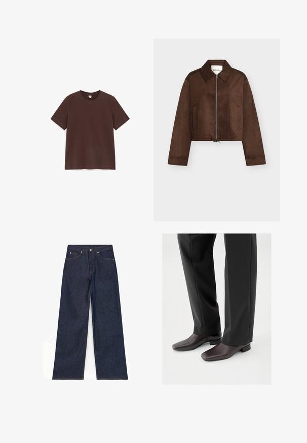 Veste courte en daim marron avec fermeture éclair complète à l'avant, col, manches longues, deux poches latérales et ourlet à cordon de serrage ajustable.; T-shirt en coton marron foncé uni à manches courtes avec col rond, posé à plat sur fond blanc.; Jean denim bleu foncé à jambes larges avec bouton à l'avant, fermeture éclair et poches avant et arrière, présenté à plat sur fond blanc.; Chaussures en cuir marron foncé avec un bout carré et un petit talon bloc, portées avec un pantalon noir sur mesure, affichant une apparence élégante et polie.