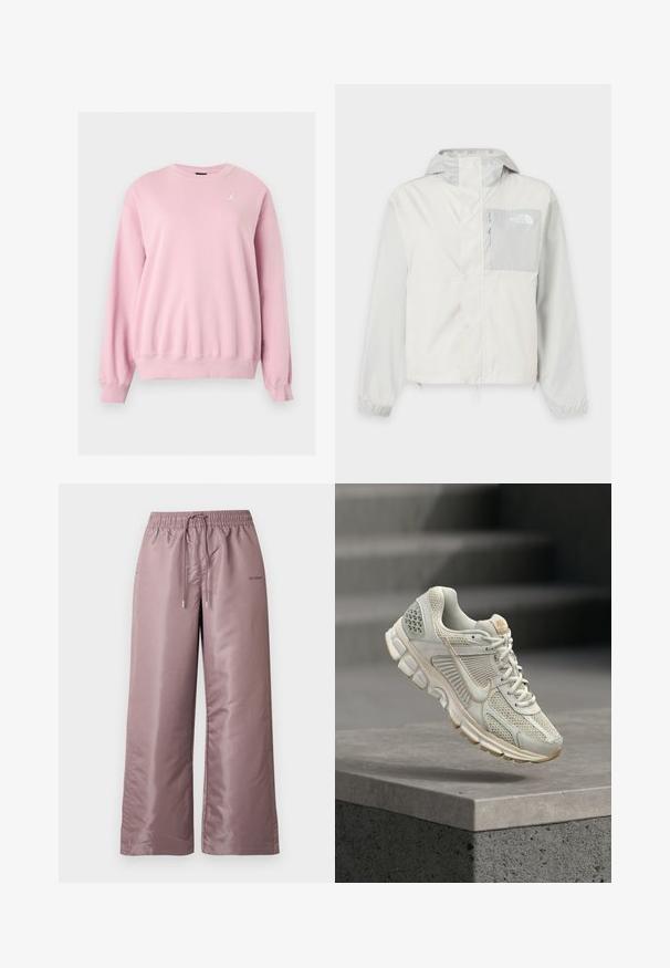 Veste d'extérieur gris clair à capuche avec fermeture éclair et rabat, poche poitrine zippée et poignets élastiques. Logo The North Face sur la poche poitrine.; Sweat-shirt rose clair à manches longues avec col rond, poignets et bas côtelés, avec un petit logo Jumpman blanc sur la poitrine gauche.; Pantalon ample rose clair en nylon lisse. Doté d'une taille élastique avec cordon de serrage et portant un logo sur le côté.; Baskets de course beige clair avec tige en mesh, doublure douce, semelle en caoutchouc et accents beige. Présente un logo en forme de swoosh sur le côté bien visible et des panneaux texturés.
