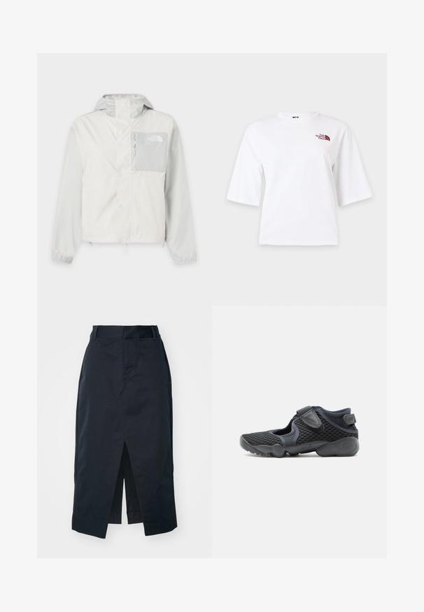 Lysegrå hættejakke til udendørs brug med lynlås og klaplukning, brystlynlåslomme og elastiske manchetter. The North Face-logoet på brystlommen.; Hvid T-shirt med korte ærmer, rund hals og lille vinrødt logo på øverste venstre bryst.; Mørkeblå midi-skirt lavet af en bomuldsblanding, med en frontslids, en skjult lynlås og sidelommer for funktionalitet.; Sort sportssko med mesh-overdel, to justerbare velcroremme og polstret sål designet til komfort og fleksibilitet.