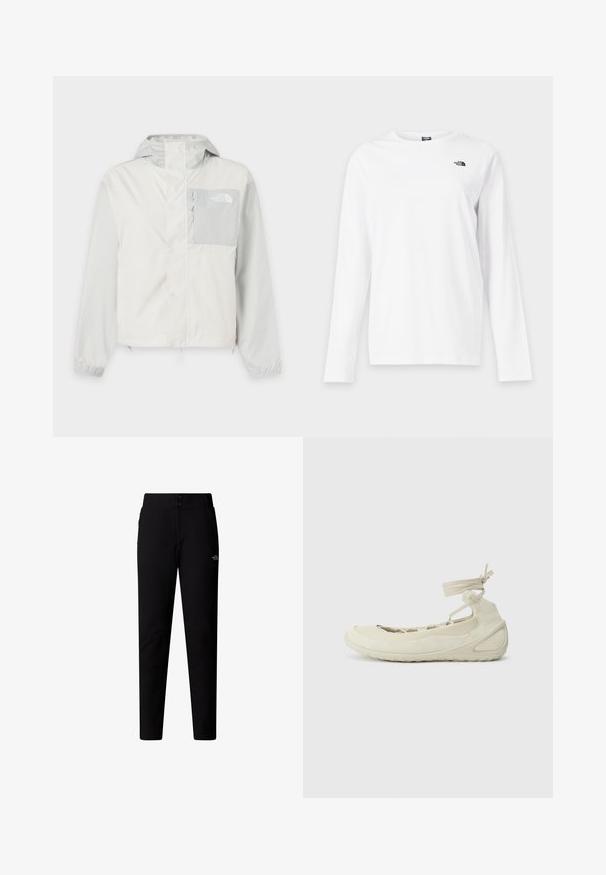 Lysegrå hættejakke til udendørs brug med lynlås og klaplukning, brystlynlåslomme og elastiske manchetter. The North Face-logoet på brystlommen.; Hvid langærmet T-shirt med rund hals og lille sort The North Face-logo på venstre bryst.; The North Face W QUEST SOFTSHELL PANTS - Bukser - tnf black; Lys beige ballet flats med rund tå, snørebånd om anklen, struktureret overflade og fleksibel såldesign. Velegnet til hverdag.