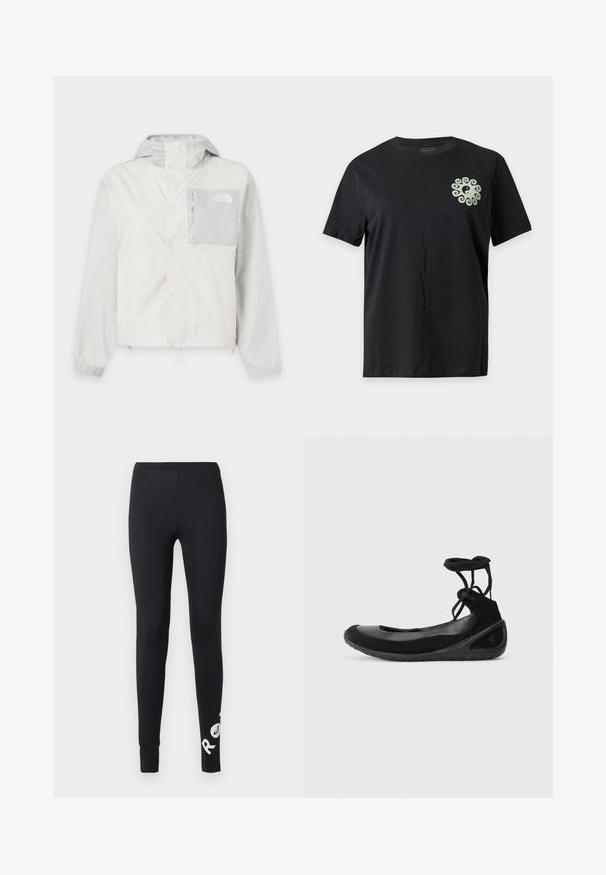 Veste d'extérieur gris clair à capuche avec fermeture éclair et rabat, poche poitrine zippée et poignets élastiques. Logo The North Face sur la poche poitrine.; T-shirt noir à manches courtes avec un petit symbole yin-yang vert clair entouré d’un motif tourbillonnant sur le haut gauche de la poitrine.; Leggings noirs longs avec taille élastique et texte partiel de logo blanc sur la partie inférieure de la jambe droite.; Des ballerines noires en suède, avec une semelle en caoutchouc et des lacets entrecroisés. Présentant un bout rond et une accent latéral texturé.