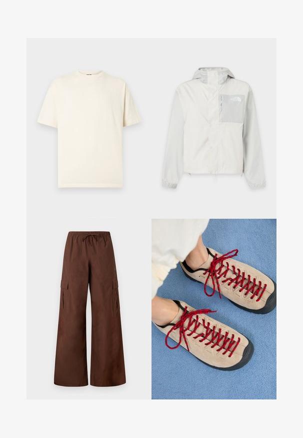 Veste d'extérieur gris clair à capuche avec fermeture éclair et rabat, poche poitrine zippée et poignets élastiques. Logo The North Face sur la poche poitrine.; T-shirt en coton crème à manches courtes, col rond, avec un petit logo sur le devant. Design simple, texture douce, et coupe décontractée.; Pantalon cargo marron à jambes larges avec une taille élastique, un cordon de serrage, des poches à rabat latérales et des détails à boutons-pression aux ourlets.; Des chaussures beiges avec des lacets rouges, posées sur une surface bleue texturée, révèlent partiellement la cheville d'une personne. Les chaussures ont un design sportif.