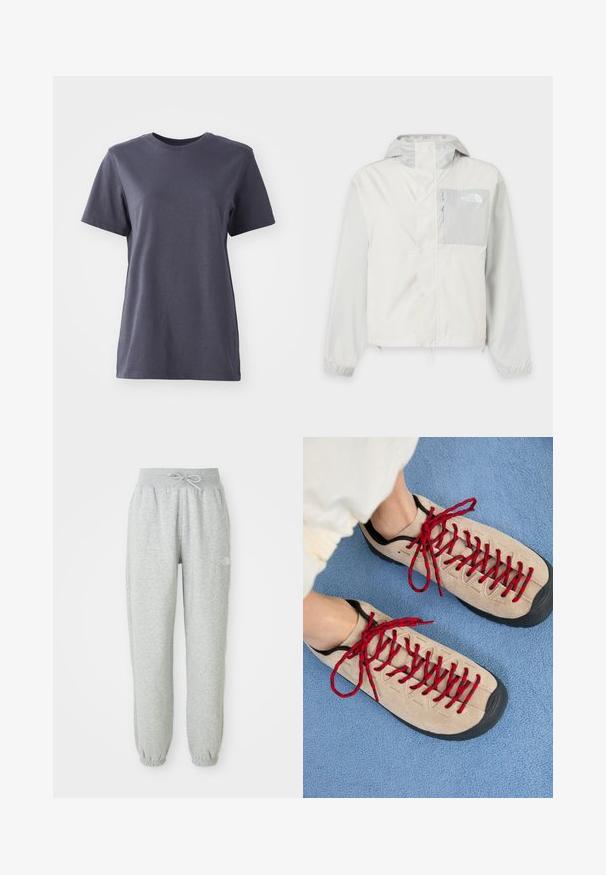 Veste d'extérieur gris clair à capuche avec fermeture éclair et rabat, poche poitrine zippée et poignets élastiques. Logo The North Face sur la poche poitrine.; T-shirt à manches courtes en coton gris foncé, design col rond, texture lisse, ourlet droit, sans motifs ni détails matériels visibles.; Pantalon de jogging gris avec une taille élastique et un cordon de serrage. Le tissu est doux, avec des poignets élastiques à la cheville et un accent de logo.; Des chaussures beiges avec des lacets rouges, posées sur une surface bleue texturée, révèlent partiellement la cheville d'une personne. Les chaussures ont un design sportif.