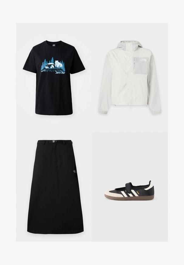 Lichtgrijze outdoorjas met capuchon, ritssluiting en klepsluiting, borstzak met rits en elastische manchetten. The North Face-logo op de borstzak.; Zwarte katoenen t-shirt met een blauwe graphic van een beer en een panda met bomen op de achtergrond. Korte mouwen en ronde hals.; Zwarte midilange rok met verstelbare taillebandriem en het The North Face-logo aan de rechterkant.; Zwart-beige sneaker met een klittenbandsluiting, drie witte strepen aan de zijkant en een getextureerde bruine rubberen zool. Merkembleem zichtbaar.