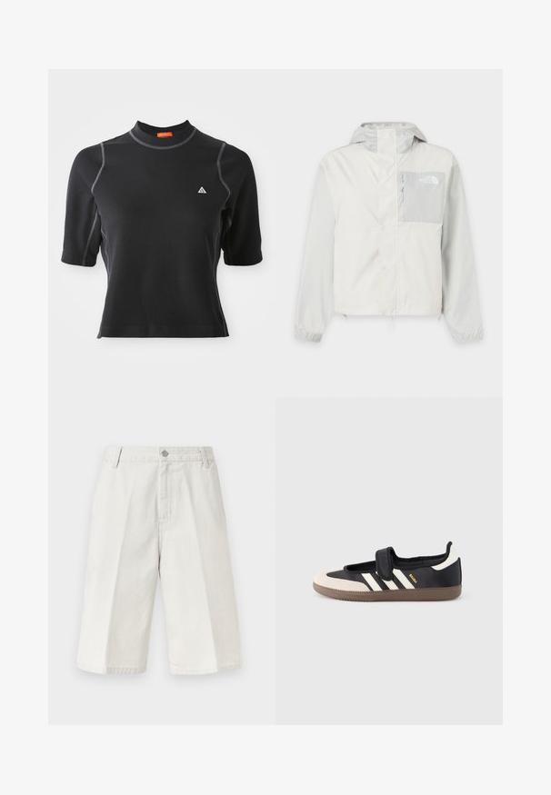 Svetlosivá vonkajšia bunda s kapucňou, zipsom a klopou, náprsné vrecko na zips a elastické manžety. Logo The North Face na náprsnom vrecku.; Čierny krátky rukávový top s vysokým golierom, rebrovanou textúrou, šedými šitými akcentmi a malým bielym trojuholníkovým logom na hrudi.; Svetlobéžové šortky dĺžky ku kolenám s jemnými vertikálnymi pásikmi, pútkami na opasok, predným gombíkom a zapínaním na zips.; Čierna a béžová teniska s pásikom na suchý zips, tromi bielymi pruhmi na boku a štruktúrovanou hnedou gumovou podrážkou. Viditeľné logo značky.