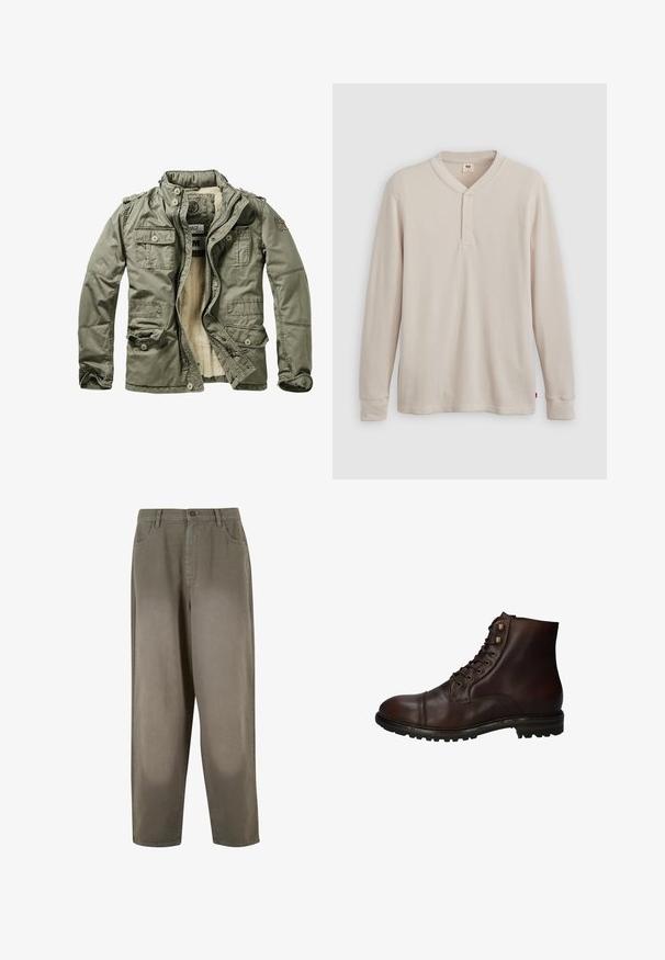 Chaqueta verde oliva con un suave forro crema, múltiples bolsillos frontales, cierre de cremallera y una tela suave y texturizada. Presenta epaulettes en los hombros.; Camisa tipo henley de manga larga en tejido acanalado color beige claro, con escote en V,tapeta de tres botones, y mangas con puños. Etiqueta de logo roja en el dobladillo.; Pantalones anchos de color verde claro, hechos de una tela suave. Presentan un cierre de botón, bolsillos frontales y una textura general lisa.; Bota de tobillo de cuero marrón oscuro con cordones, suela de goma resistente y ojales de metal, vista desde el lado exterior.