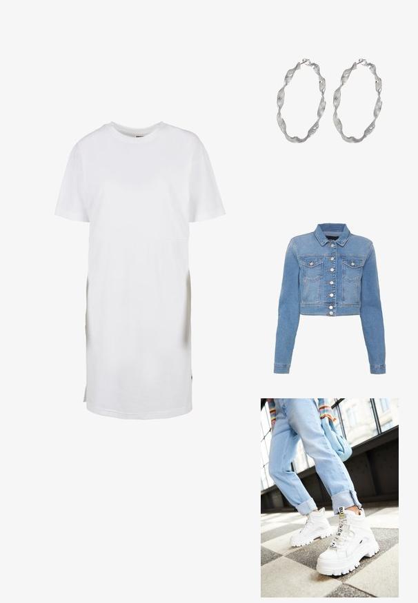Lyseblå cropped denimjakke med knaplukning foran, to brystlommer og krave. Har en let falmet tekstur og kontrastsytråde.; Hvid t-shirt kjole med korte ærmer, lavet af bomuld, har en afslappet pasform, rund halsudskæring og sidesplitter i kanten for let bevægelse.; Hvide klodsede sneakers med tykke såler, snørebånd foran og mærkeflag. Båret med lyseblå jeans med opsmøg på et mønstret gulv.; Sølv hoop øreringe med et snoet design, der har en tekstureret overflade og en sikker lås. Letvægts og reflekterende med en glat finish.