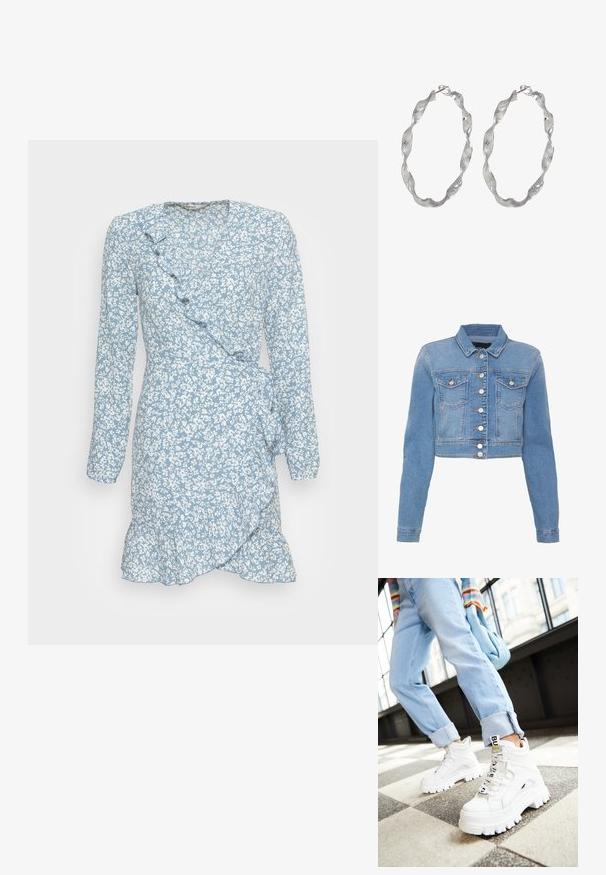 Lyseblå cropped denimjakke med knaplukning foran, to brystlommer og krave. Har en let falmet tekstur og kontrastsytråde.; Blå omslagskjole med lange ærmer, hvid blomstermønster, flæsekant langs udskæringen og en udvidet nederkant. Blød stoftekstur.; Hvide klodsede sneakers med tykke såler, snørebånd foran og mærkeflag. Båret med lyseblå jeans med opsmøg på et mønstret gulv.; Sølv hoop øreringe med et snoet design, der har en tekstureret overflade og en sikker lås. Letvægts og reflekterende med en glat finish.