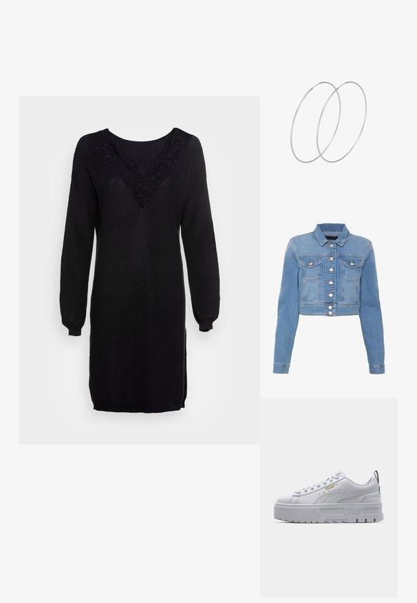 Lyseblå cropped denimjakke med knaplukning foran, to brystlommer og krave. Har en let falmet tekstur og kontrastsytråde.; Sort striktrøje kjole med lange ærmer, V-hals og blonderdetaljer ved udskæringen. Ribbet tekstur med sideslids ved kanten.; Hvide platform sneakers med en glat læderoverdel, polstret krave, grå gummisål og gyldne detaljer med Puma-logoet.; Sølvøreringe med et minimalistisk design. Cirkulær form, glat tekstur og tynd profil. Letvægtige med en poleret overflade.