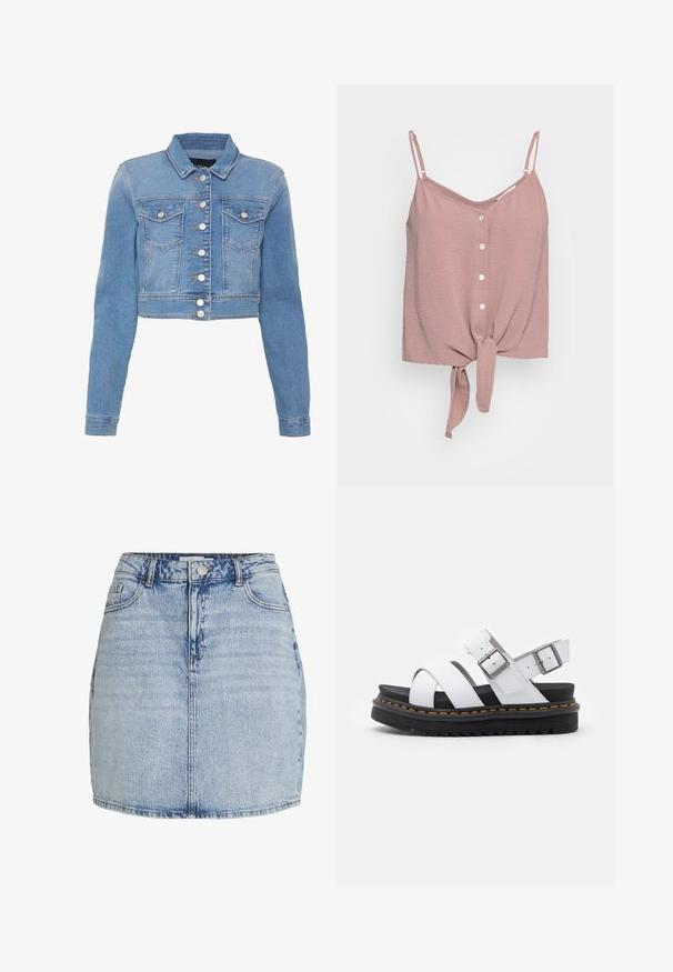 Helleblaue, verkürzte Jeansjacke mit durchgehender Knopfleiste, zwei Brusttaschen und Kragen. Besitzt eine leicht ausgebleichte Textur und kontrastierende Nähte.; Staubrosa ärmellose Bluse mit V-Ausschnitt, Knopfleiste und geknotetem Saum. Hergestellt aus strukturiertem Stoff mit verstellbaren Spaghettiträgern.; Hellblaue Jeans-Minirock mit vorderem Knopf- und Reißverschluss, Gürtelschlaufen und vorderen Taschen.; Weiße Leder-Sandalen mit verstellbaren Schnallenriemen, geschichteter schwarzer Plateausohle und orangefarbener Naht entlang der Kante.