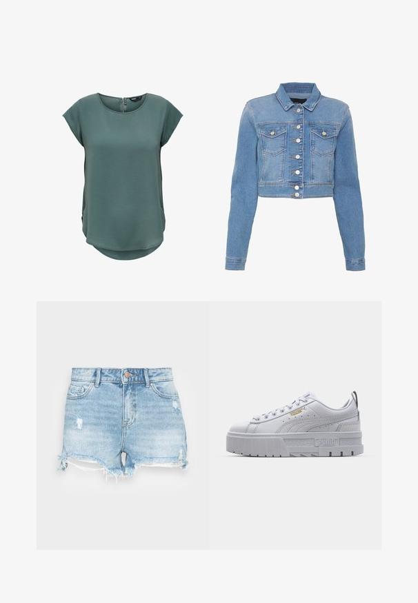 Veste en denim bleu clair courte avec un devant à boutons, deux poches poitrine et un col. Présente une texture légèrement délavée et des coutures contrastantes.; Haut vert à manches courtes en tissu texturé. Présente un col rond et une fermeture éclair discrète au dos, avec un ourlet légèrement arrondi.; Shorts en denim bleu clair avec une finition usée, un ourlet effiloché et un design classique à cinq poches. Comprend une fermeture à bouton en métal.; Baskets plateformes blanches avec une tige en cuir lisse, un col rembourré, une semelle en caoutchouc grise et des accents dorés arborant le logo Puma.