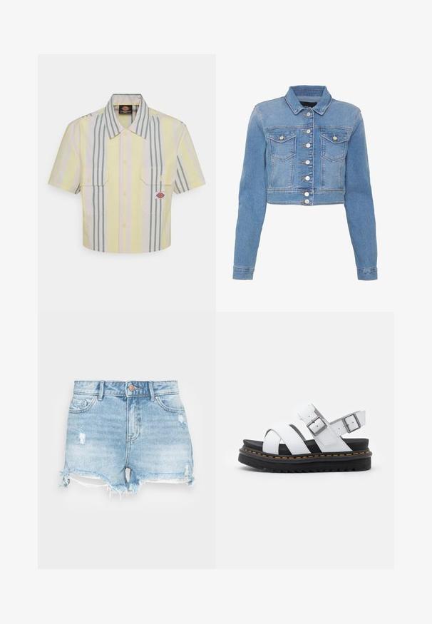 Helleblaue, verkürzte Jeansjacke mit durchgehender Knopfleiste, zwei Brusttaschen und Kragen. Besitzt eine leicht ausgebleichte Textur und kontrastierende Nähte.; Kurzes, tailliertes Hemd mit kurzen Ärmeln in hellem Gelb mit vertikalen grünen und pastellfarbenen Streifen. Verfügt über zwei Brusttaschen und ein Logo-Patch auf der linken Tasche.; Denim-Shorts in Hellblau mit einem verwaschenen Finish, fransigem Saum und klassischem Fünf-Taschen-Design. Mit einem Metallknopfverschluss.; Weiße Leder-Sandalen mit verstellbaren Schnallenriemen, geschichteter schwarzer Plateausohle und orangefarbener Naht entlang der Kante.
