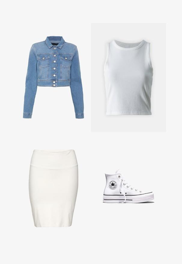 Lyseblå cropped denimjakke med knaplukning foran, to brystlommer og krave. Har en let falmet tekstur og kontrastsytråde.; Hvid ribbet tanktop med rund halsudskæring og ærmeløs design, med en lige kant og en glat, strækbar tekstur.; Hvid knælang blyantskørt lavet af blødt, elastisk stof. Har et tætsiddende design med et glat taljebånd og minimale sømme.; Hvid Converse Chuck Taylor All Star højt snøresko med sorte striber og logoemblem på siden, vist mod en ensfarvet hvid baggrund.