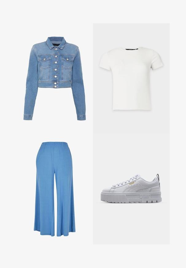 Lyseblå cropped denimjakke med knaplukning foran, to brystlommer og krave. Har en let falmet tekstur og kontrastsytråde.; Hvid kortærmet ribstrikket t-shirt med rund halsudskæring, vist på en ensartet lys grå baggrund.; Lysblå bredde bukser lavet af blødt stof, med en elastisk talje og en løs pasform, der strækker sig til midt på læggen.; Hvide platform sneakers med en glat læderoverdel, polstret krave, grå gummisål og gyldne detaljer med Puma-logoet.