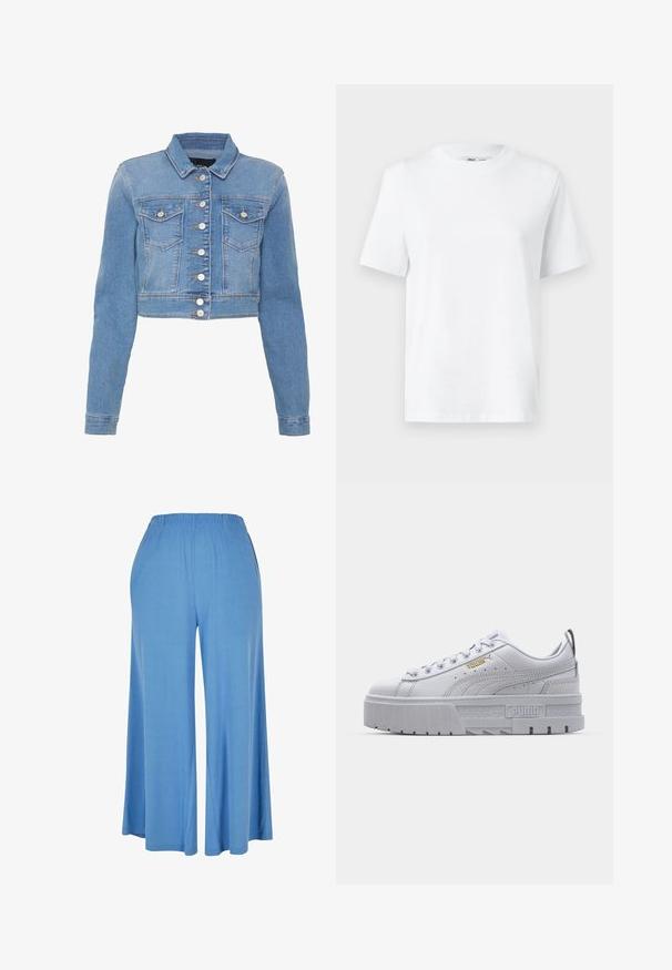 Lichtblauwe cropped denimjas met een knoopsluiting aan de voorkant, twee borstzakken en een kraag. Heeft een licht vervaagde textuur en contrasterende stiksels.; Witte katoenen T-shirt met ronde hals, korte mouwen en een gladde textuur. Ontworpen met een comfortabele en veelzijdige relaxte pasvorm.; Lichtblauwe wijde broek van zacht materiaal, met een elastische tailleband en een losse pasvorm die tot halverwege de kuit reikt.; Witte platform sneakers met een leren bovenwerk, gevoerde kraag, grijze rubberen zool en gouden accenten met het Puma-logo.