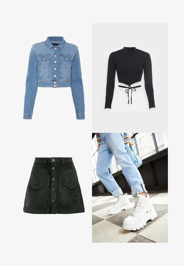 Lyseblå cropped denimjakke med knaplukning foran, to brystlommer og krave. Har en let falmet tekstur og kontrastsytråde.; Even&Odd by Zalando Langærmet T-shirt - black; ONLY ONLAMAZING GLOBAL - Mini skirts - green gables; Hvide klodsede sneakers med tykke såler, snørebånd foran og mærkeflag. Båret med lyseblå jeans med opsmøg på et mønstret gulv.