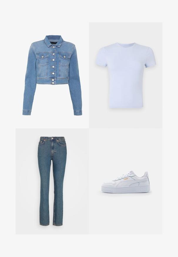 Lyseblå cropped denimjakke med knaplukning foran, to brystlommer og krave. Har en let falmet tekstur og kontrastsytråde.; Good American SUPER STRETCH BABY TEE - T-shirts basic - periwinkle; Weekday CITY HIGH SLIM - Jeans Slim Fit - lapis blue; Hvide lædersneakers med en kraftig sål, der har en glat overflade, minimalistisk design, side-striber og en lille logo detalje.