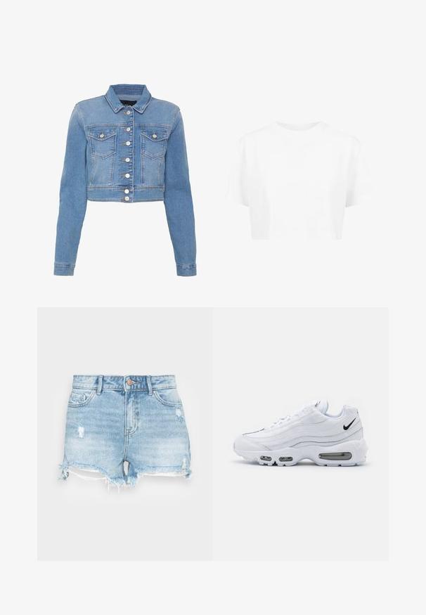Lichtblauwe cropped denimjas met een knoopsluiting aan de voorkant, twee borstzakken en een kraag. Heeft een licht vervaagde textuur en contrasterende stiksels.; Witte cropped t-shirt, korte mouwen, ronde halslijn, gemaakt van gladde stof, zonder zichtbare patronen of opvallende hardware.; Leren denim shorts in lichtblauw met een versleten afwerking, rafelige zoom en klassieke vijf-pocketontwerp. Voorzien van een metalen knoopsluiting.; Nike Sportswear AIR MAX 95 - Sneakers laag - white/black