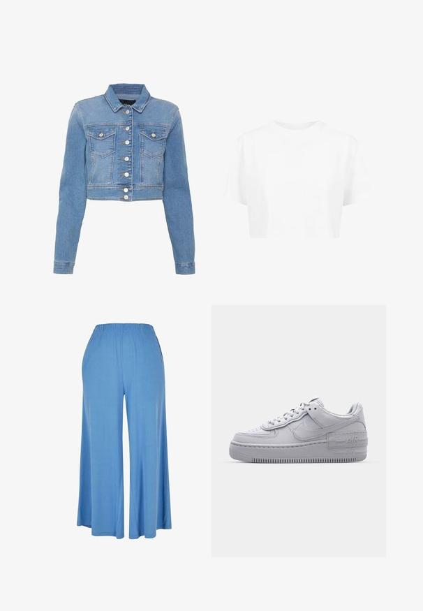 Heledad sinine lühike denim jakk nupuga esiosas, kahe rindkere taskuga ja kraega. Omab kergelt kulunud tekstuuri ja kontrastset õmblust.; Valge lühikeste varrukatega lühikese lõikega t-särk, ümmarguse kaelusega, valmistatud siledast kangast, ilma nähtavate mustrite või silmapaistva riistvarata.; Heledad helesin sinised laiad püksid, mis on valmistatud pehmest kangast, elastse vöökoha ja lõdva lõikega, mis ulatub keskmiste sääreni.; Hallitus hallid Nike Air Force 1 sneakerid, millel on augustatud varvas, siledast nahast ülemine osa, paks tall ning reljeefne 'AIR' detail kontsapadjal.
