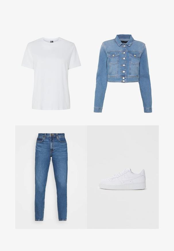 Lyseblå cropped denimjakke med knaplukning foran, to brystlommer og krave. Har en let falmet tekstur og kontrastsytråde.; Hvid bomulds T-shirt med korte ærmer og rund halsudskæring. Glat tekstur, afslappet pasform og ingen synlige mønstre eller detaljer.; Blå denim jeans med slim fit, der har en høj talje, fem-lomme design og subtil falming i hele stoffet. Klassiske syninger som accent.; Hvide Nike Air Force 1 sneakers med læderoverdel, rund tå, snørelukning, polstret krave og struktureret gummisål.