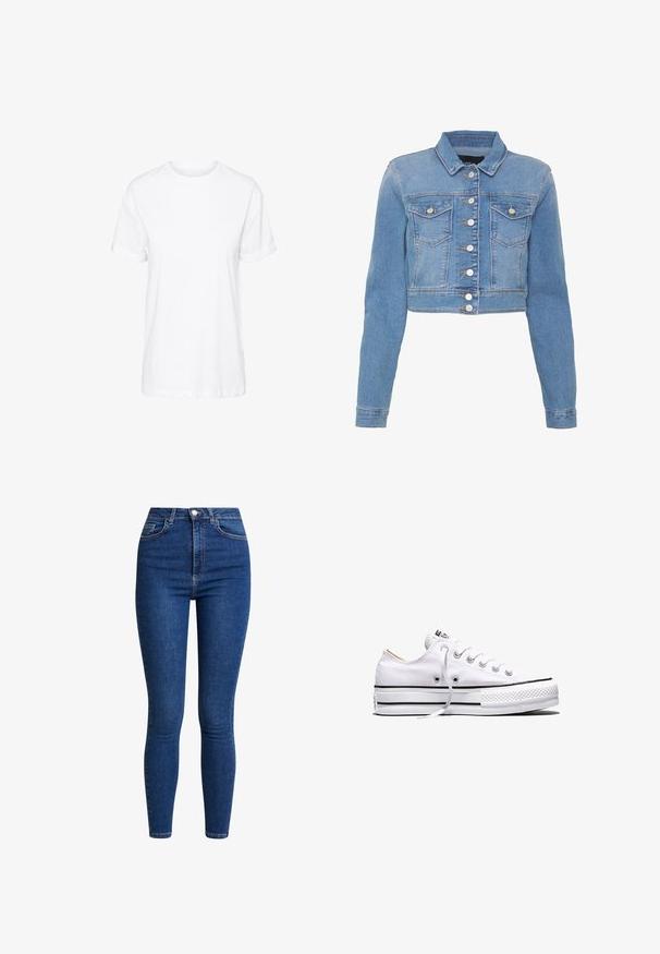Lichtblauwe cropped denimjas met een knoopsluiting aan de voorkant, twee borstzakken en een kraag. Heeft een licht vervaagde textuur en contrasterende stiksels.; Witte katoenen T-shirt met korte mouwen, een ronde hals en een relaxte pasvorm, met een gladde textuur en zonder zichtbare patronen.; Vero Moda VMSANDRA - Jeans Skinny Fit - medium blue denim; Witte lage canvas sneaker met witte veters, zwarte strepen op de zool en een rubberen, getextureerde neuskap, zijaanzicht op een witte achtergrond.