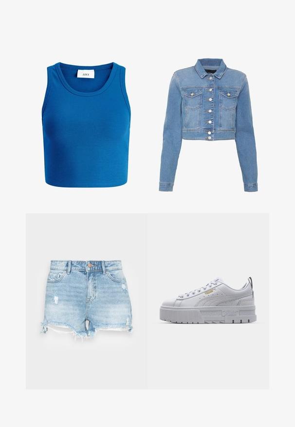 Veste en denim bleu clair courte avec un devant à boutons, deux poches poitrine et un col. Présente une texture légèrement délavée et des coutures contrastantes.; Top court bleu à côtes avec décolleté large, design sans manches, et une étiquette portant la mention "JJXX" située au centre du décolleté.; Shorts en denim bleu clair avec une finition usée, un ourlet effiloché et un design classique à cinq poches. Comprend une fermeture à bouton en métal.; Baskets plateformes blanches avec une tige en cuir lisse, un col rembourré, une semelle en caoutchouc grise et des accents dorés arborant le logo Puma.