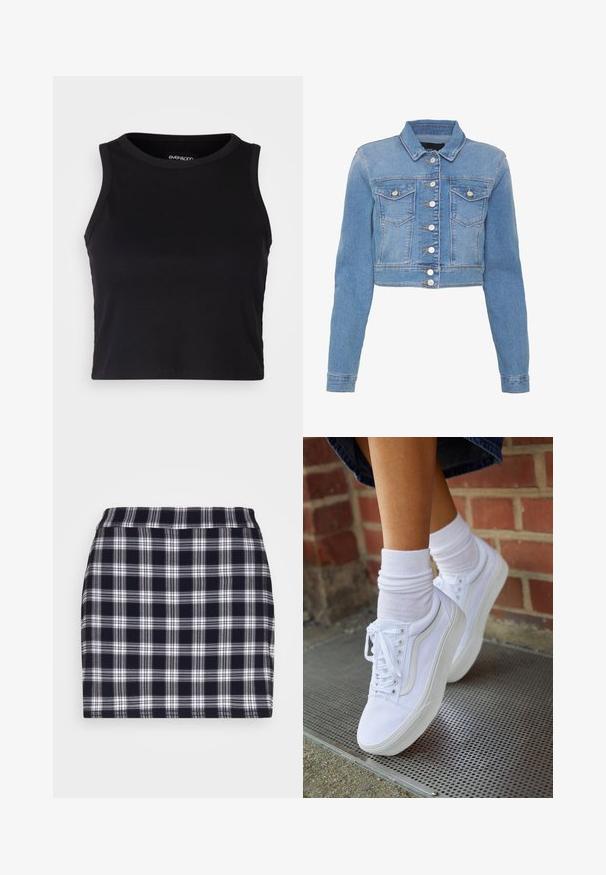 Veste en denim bleu clair courte avec un devant à boutons, deux poches poitrine et un col. Présente une texture légèrement délavée et des coutures contrastantes.; Top court noir à côtes avec un col rond et un design sans manches. Fabriqué en tissu doux et extensible, avec des bords ourlés propres.; Hollister Co. PLAID SKORT - Short - navy; Baskets en toile blanches avec semelles en caoutchouc, dotées de six œillets, d'un bout rond et de détails de couture légers, portées avec des chaussettes blanches mi-mollet.