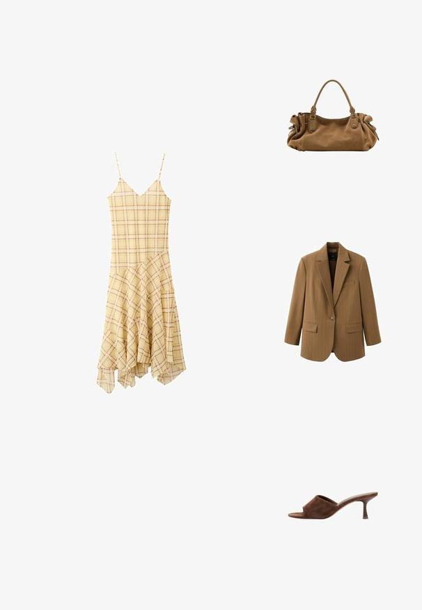 Blazer marron à bouton unique avec fines rayures, revers crantés, deux poches avant à rabat et une poche poitrine passepoilée.; Robe sans manches à carreaux jaunes avec fines bretelles et ourlet asymétrique à volants.; Mule en daim marron à bout ouvert, talon en bois incurvé de hauteur moyenne et design à enfiler sur fond blanc.; Sac à main en daim marron doux avec une poignée supérieure unique et des détails latéraux froncés maintenus par des sangles en cuir et des anneaux métalliques.