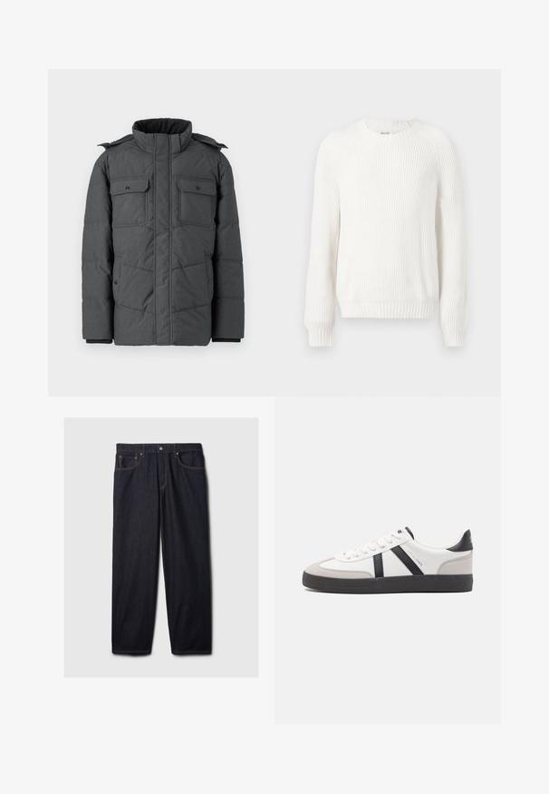 Veste rembourrée gris foncé avec un col montant, deux poches poitrine et deux poches latérales. Dispose d'une fermeture éclair et de boutons-pression. Texture lisse.; Pull en maille blanche avec un col rond, des épaules tombantes et des manches longues. Caractérisé par un tissu texturé et un ourlet droit.; Jeans en denim noir avec une coupe droite, dotés d'une fermeture à bouton et à zip, de deux poches avant et de coutures orange contrastantes.; Baskets blanches avec des accents noirs et gris, présentant un embout texturé gris, une semelle en caoutchouc noir et des lacets plats blancs. Design épuré, style minimaliste.