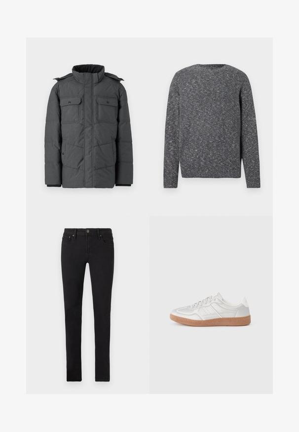 Dunkelgraue, gepolsterte Jacke mit hohem Kragen, zwei Brusttaschen und zwei Seitentaschen. Verfügt über einen Reißverschluss und einen Druckknopfverschluss. Glatte Textur.; Dunkelgrauer, langärmeliger Rippenstrickpullover mit Rundhalsausschnitt und gesprenkelter Textur.; Schwarze Slim-Fit-Jeans mit fünf Taschen, Knopfverschluss und Gürtelschlaufen, flach auf einem weißen Hintergrund präsentiert.; Silberne Sneakers mit glatter Textur, Schnürdesign, durchbrochenen Akzenten und einer strukturierten braunen Gummisohle.