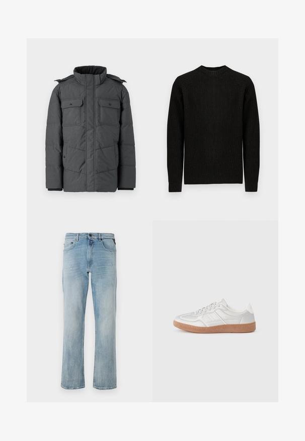 Mørkegrå polstret jakke med høj krave, to brystlommer og to sidelommer. Har lynlås og trykknaplukning. Glat tekstur.; Sort ribbet langærmet sweater med rund hals, vist fladt mod en ensfarvet hvid baggrund.; Lyseblå denim jeans med en afslappet pasform, der har subtile slidte detaljer og et klassisk fem-lomme-design.; Sølv sneakers med en glat overflade, snørebånd, perforerede detaljer og en struktureret brun gummi sål.