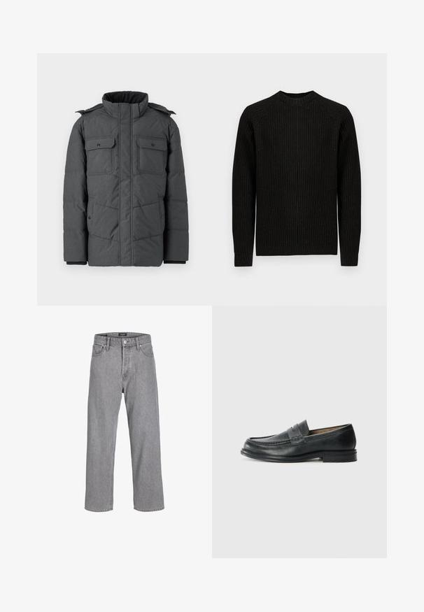 Mørkegrå polstret jakke med høj krave, to brystlommer og to sidelommer. Har lynlås og trykknaplukning. Glat tekstur.; Sort ribbet langærmet sweater med rund hals, vist fladt mod en ensfarvet hvid baggrund.; Grå denimbukser med en afslappet, løs pasform. Har et traditionelt fem-lomme design og en knaplukning i taljen.; Sorte læder loafers med et klassisk design, der har en syet detalje ved tåen og en lav, tekstureret gummisål.
