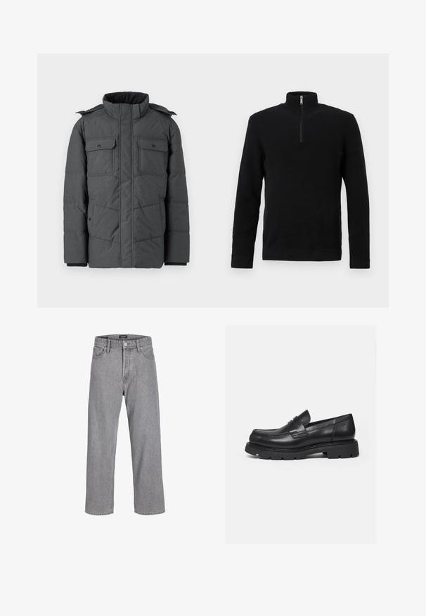 Dark gray padded jacket with a high collar, two chest pockets, and two side pockets. Features a zip and press-stud closure. Smooth texture.; Black long-sleeve textured pullover sweater with a half-zip high collar and ribbed cuffs and hem, displayed on a white background.; Grey denim trousers with a relaxed, loose fit. Features a traditional five-pocket design and a button closure at the waistband.; Black leather loafer with thick ridged sole and penny strap detail, shown in right side profile on white background.