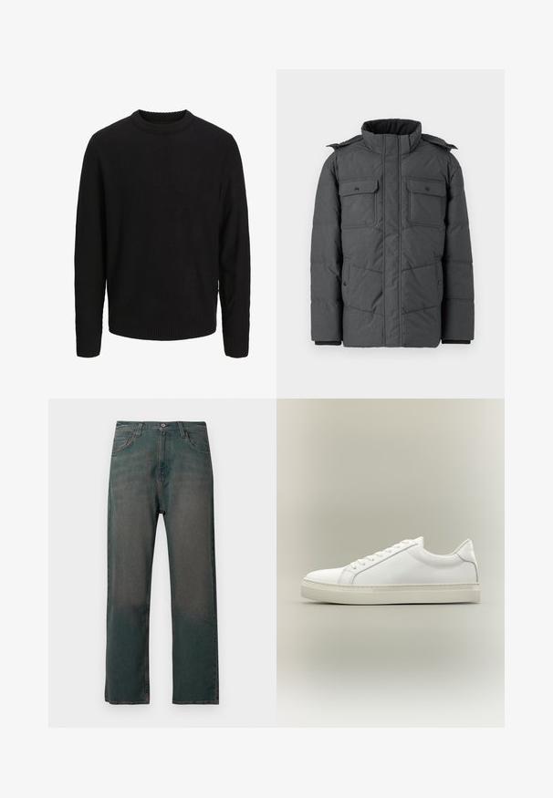 Veste rembourrée gris foncé avec un col montant, deux poches poitrine et deux poches latérales. Dispose d'une fermeture éclair et de boutons-pression. Texture lisse.; Pull noir en maille à manches longues, col rond, poignets et ourlet côtelés, présenté sur un fond uni gris clair.; Jean en denim vert foncé avec une coupe droite, doté d'un design classique à cinq poches et de coutures contrastantes le long des coutures.; Baskets blanches basses à lacets sur l’avant et semelle épaisse, vues de côté sur un fond neutre.