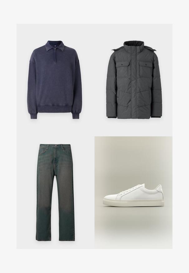 Mørkegrå polstret jakke med høj krave, to brystlommer og to sidelommer. Har lynlås og trykknaplukning. Glat tekstur.; Marineblå sweatshirt med halv-zip krave, afslappet pasform og ribbede manchetter. Lavet af blødt materiale med en tekstureret overflade.; Mørkegrønne denimjeans med lige ben, der har et klassisk design med fem lommer og kontrastsyninger langs sømmene.; Hvid lavtop sneaker med snørebånd foran og tyk sål, vist fra siden mod en neutral baggrund.