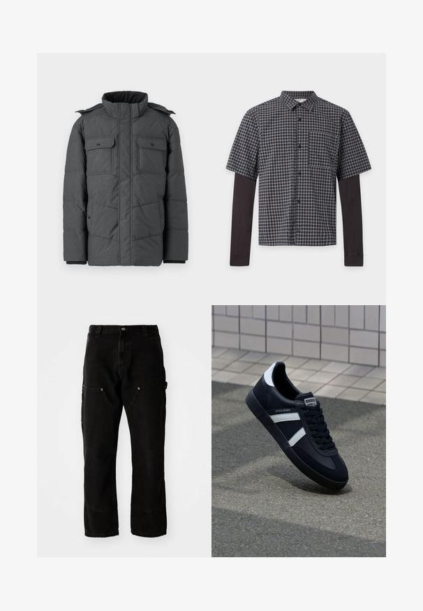 Dunkelgraue, gepolsterte Jacke mit hohem Kragen, zwei Brusttaschen und zwei Seitentaschen. Verfügt über einen Reißverschluss und einen Druckknopfverschluss. Glatte Textur.; Dunkles kariertes Kurzarmhemd mit Knopfleiste, darunter schwarze lange Ärmel, Brusttasche vorne, auf schlicht weißem Hintergrund dargestellt.; Schwarze Denim Cargo-Hosen mit lockerer Passform, ausgestattet mit zwei Vordertaschen, Seitentaschen und sichtbaren Nähdetails.; Schwarze Leder-Sneaker mit weißen Streifen, strukturiertem Gummisohle und Schnürung. Verfügt über ein Markenetikett auf der Zunge.