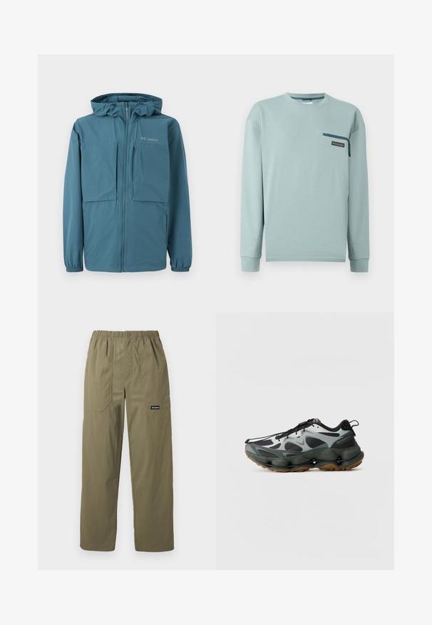 Veste Columbia bleue avec capuche, fermeture éclair intégrale à l'avant, poignets élastiques et plusieurs poches avant sur fond blanc.; Chemise bleu clair à manches longues avec col rond et petite poche poitrine zippée avec un patch logo Columbia sur le côté droit.; Pantalon droit couleur vert olive avec taille élastique, poches plaquées avant, fermeture par bouton, et logo Columbia sur la poche droite.; Chaussures de sport noires et grises avec tige en mesh, semelle sculptée et semelle extérieure en caoutchouc. Présente un système de laçage sécuritaire et une languette à l'arrière.