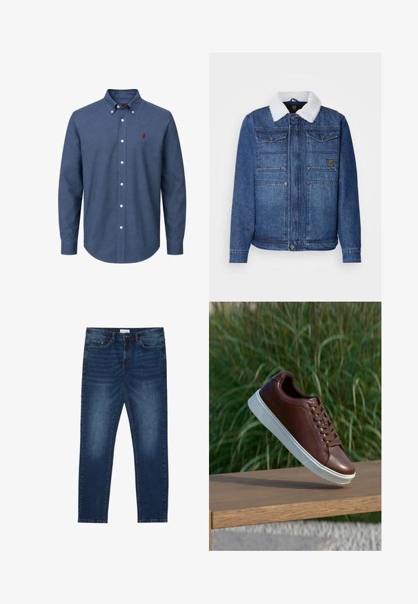 Mørkeblå denimjakke med en hvid imiteret shearlingkrave. Har to brystlommer, knaplukning og en let figursyet form.; Blå skjorte med lange ærmer, hvide knapper og en lille rød broderet logo på venstre bryst.; Mørkeblå slim-fit jeans med falmede detaljer, klassisk fem-lomme design, knappelukning og bæltestropper.; Brune lædersneakers med hvid gummisål, snørebåndsdesign, glat tekstur, afrundet tå og diskrete syninger.