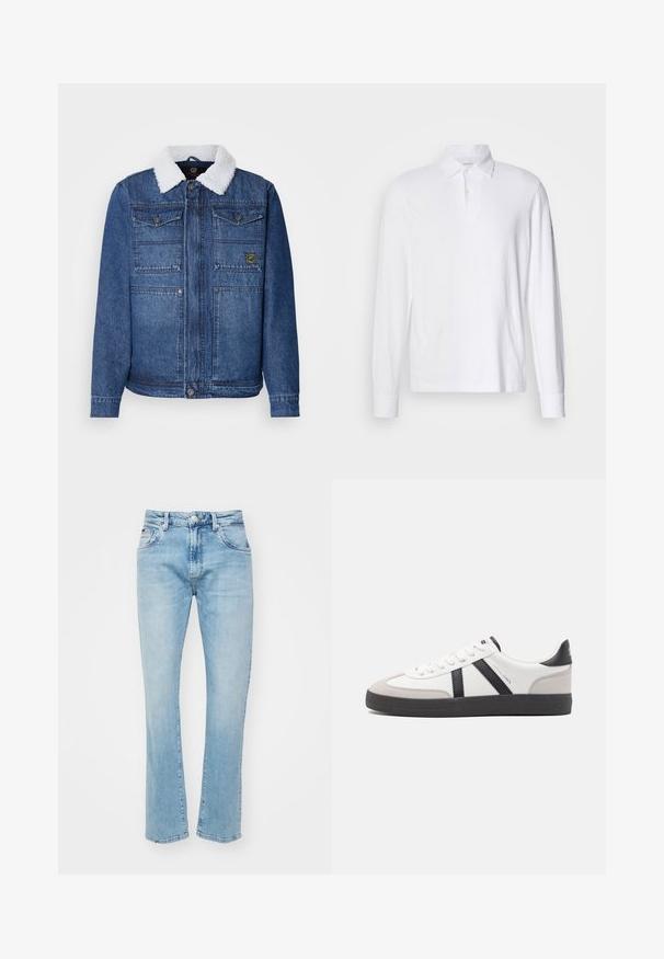 Tumesinis denim-jakk koos valge vale-isamaalise kraega. Omab kahte rinna taskut, nööriga sulgemist ning veidi kohandatud vormi.; Valge pika varrukaga polo särk, millel on krae ja kaks nuppu, esitatuna heledal hallil taustal.; Heledad sinine teksapüksid otse lõikega, millel on nupuvärv, viis taskut ja kerge pleekimine tekstuuri jaoks.; Valged tossud mustade ja hallide aktsentidega, tekstureeritud halli varbakattega, musta kummitald ja lamedad valged paelad. Puhtad jooned, minimalistlik stiil.