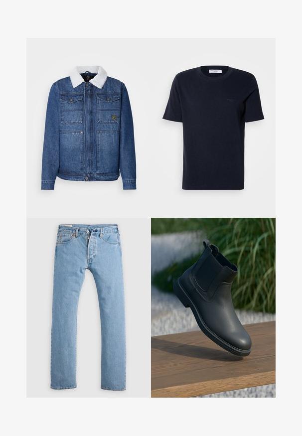 Veste en denim bleu foncé avec un col en fausse fourrure blanche. Comprend deux poches poitrine, une fermeture à boutons et une coupe légèrement ajustée.; T-shirt en coton bleu marine à manches courtes, col rond et petit logo sur la poitrine. Texture lisse, coupe classique.; Jean en denim droit bleu clair avec fermeture à boutons, passants de ceinture, et poches avant et arrière, présenté sur un fond blanc.; Bottine en cuir noir avec des panneaux latéraux élastiques, des accents texturés et une semelle en caoutchouc ; l'affichage comprend une surface en bois et de la verdure.