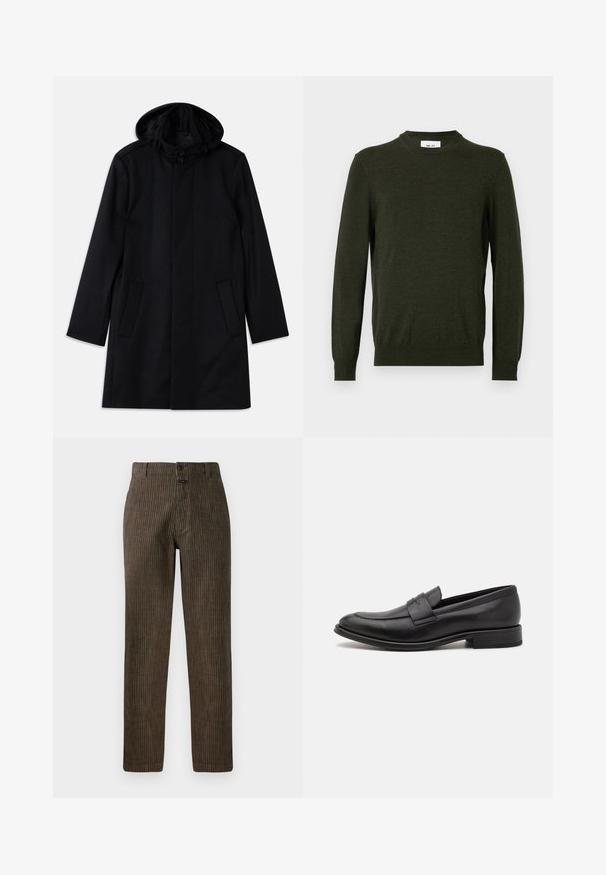 Manteau noir en tissu texturé, doté d'une capuche, d'une fermeture à bouton, de deux poches avant et d'une coupe droite.; Pull vert foncé en mélange de laine texturée, avec un col rond et des manches longues, doté de poignets et d'un ourlet côtelés.; Pantalons en velours côtelé marron avec des rayures verticales, une coupe droite et une fermeture à bouton à l'avant. Texture lisse avec un design classique.; Mocassin en cuir noir avec une finition lisse, une sangle décorative sur le dessus, un bout rond et un petit talon empilé.