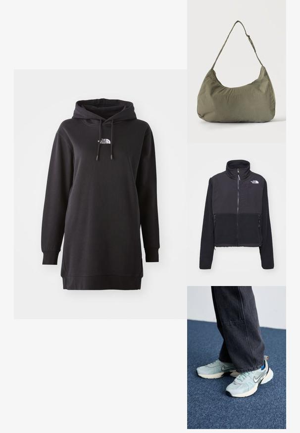 Sort fleecejakke med høj krave, lynlås foran og dobbelte sidelommer. Har et kontrastfarvet glat stof på toppen og tekstureret fleece forneden.; Sort hoodie kjole lavet af blødt stof, med en front kangaroo lomme, justerbar snørehætte og et lille logo på brystet.; Lyseblå mesh Nike sneakers med struktureret finish, sort swoosh og cremefarvet mellemsål, parret med mørkegrå vide bukser.; Skuldertaske i blødt olivengrønt stof med lynlås og justerbar rem på ensfarvet, lyst baggrund.
