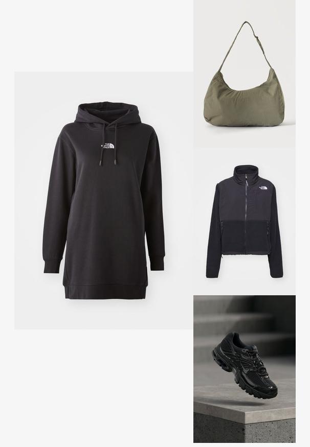 Sort fleecejakke med høj krave, lynlås foran og dobbelte sidelommer. Har et kontrastfarvet glat stof på toppen og tekstureret fleece forneden.; Sort hoodie kjole lavet af blødt stof, med en front kangaroo lomme, justerbar snørehætte og et lille logo på brystet.; Sort Nike løbesko med mesh og syntetisk overdel, der svæver over en betonoverflade og trin i baggrunden.; Skuldertaske i blødt olivengrønt stof med lynlås og justerbar rem på ensfarvet, lyst baggrund.