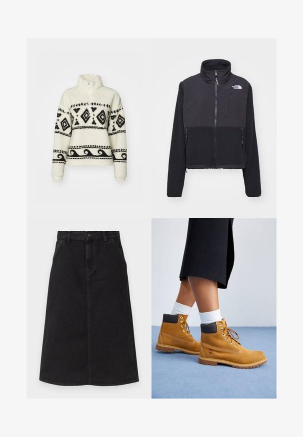 Veste polaire noire avec un col haut, fermeture éclair à l'avant et deux poches latérales. Présente un tissu lisse contrasté en haut et un polaire texturé en bas.; Pull-over en polaire crème avec des motifs tribaux noirs. Doté d'un col zippé mi-hauteur et de manches longues. Texture douce et coupe décontractée.; Jupe en denim noire longueur genou avec poches avant, passants pour ceinture et détail de couture centrale.; Bottines en suede beige avec des accents en cuir marron, des œillets dorés et une semelle texturée. Chaussettes blanches visibles au-dessus des bottines.